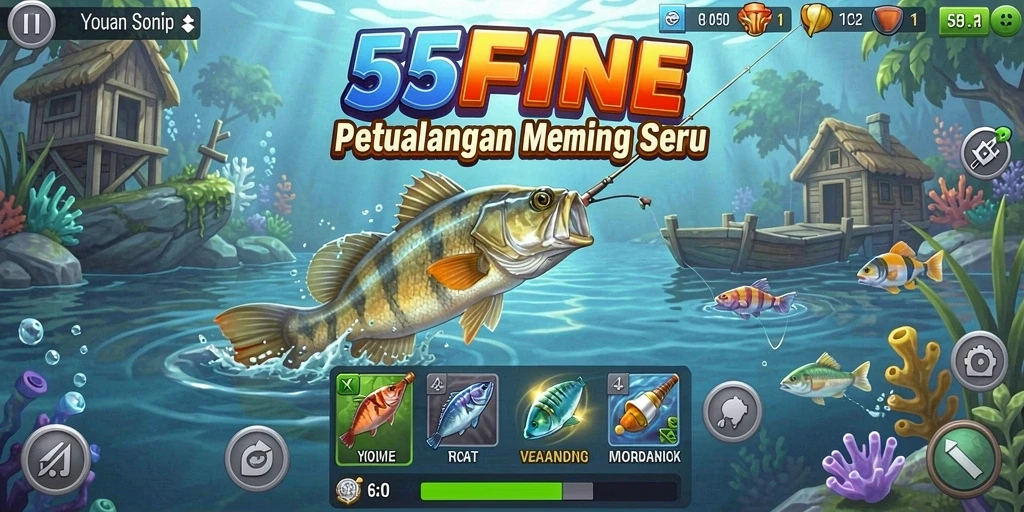 Screenshot 55FIVE menampilkan gameplay memancing yang seru dan menawan.