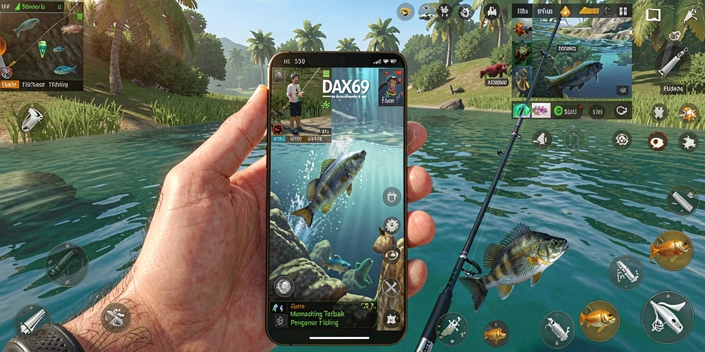 Screenshot utama DAX69 menampilkan gameplay memancing yang seru dan menantang.