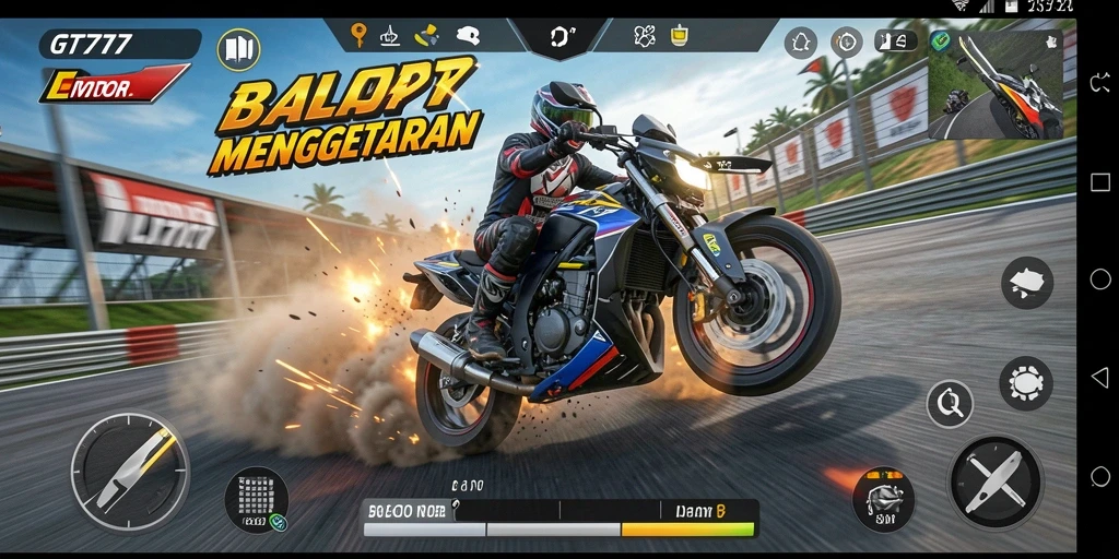 Gameplay GT777 yang menegangkan saat balapan motor di sirkuit.