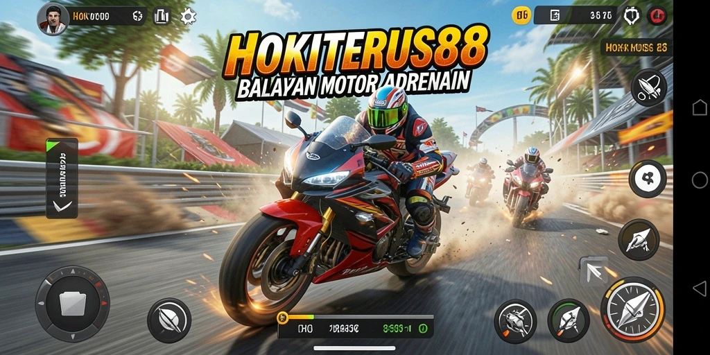 Tangkapan layar gameplay HOKITERUS88 saat balapan motor yang mendebarkan.