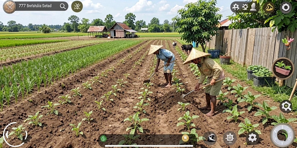 Tampilan gameplay seru dalam L777 saat bertani di ladang yang hijau.