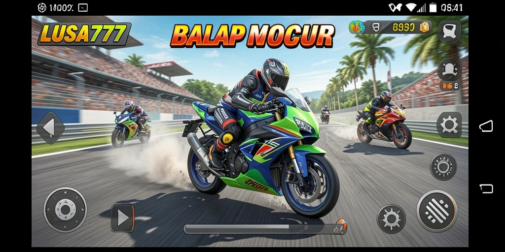 Screenshot menampilkan aksi balapan motor yang mendebarkan di LUSA777.