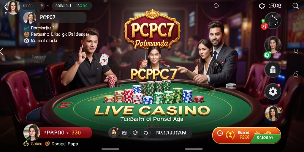 Screenshot gameplay PCPC7 dengan dealer langsung dan permainan menarik.