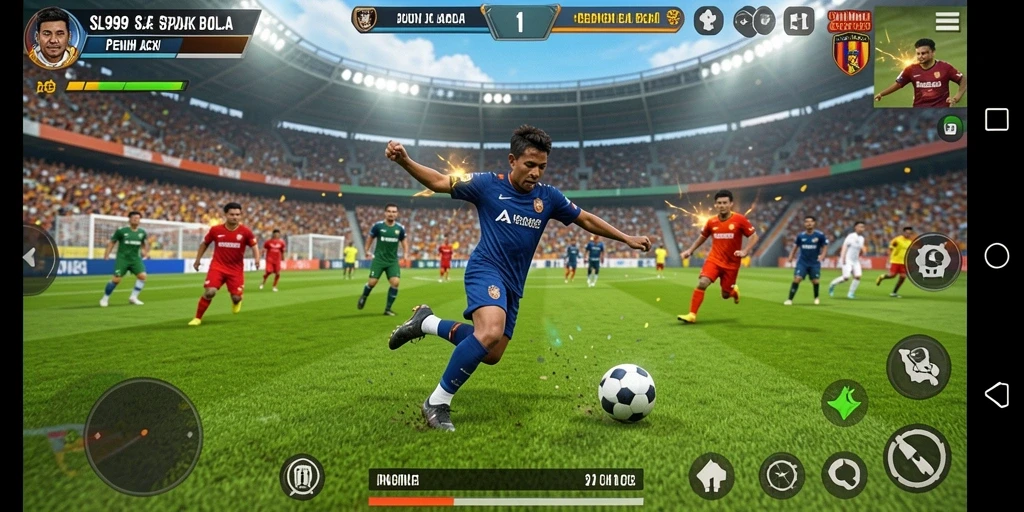 Screenshot utama <strong>SL999</strong> menampilkan aksi seru di lapangan sepak bola.