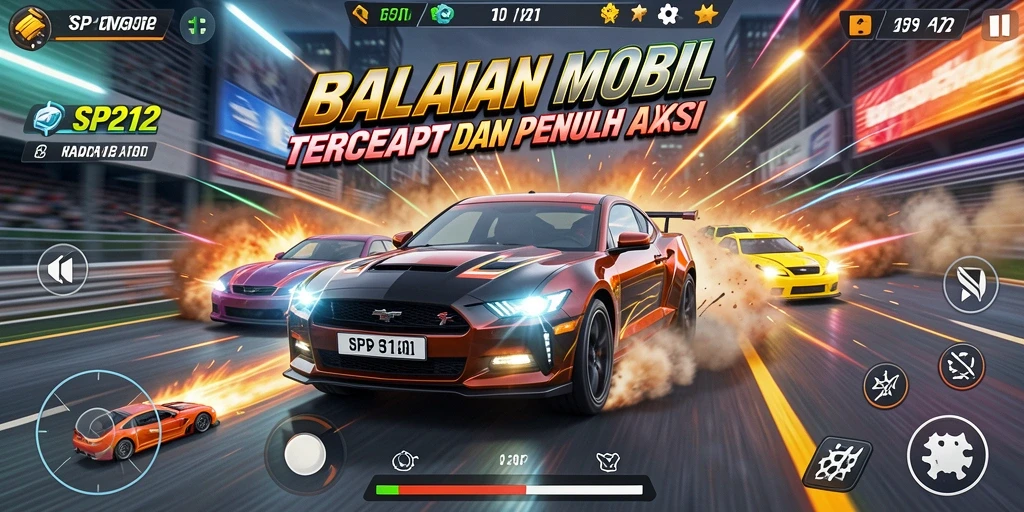 Tampilan gameplay SP212 dengan mobil balap melaju kencang di trek.