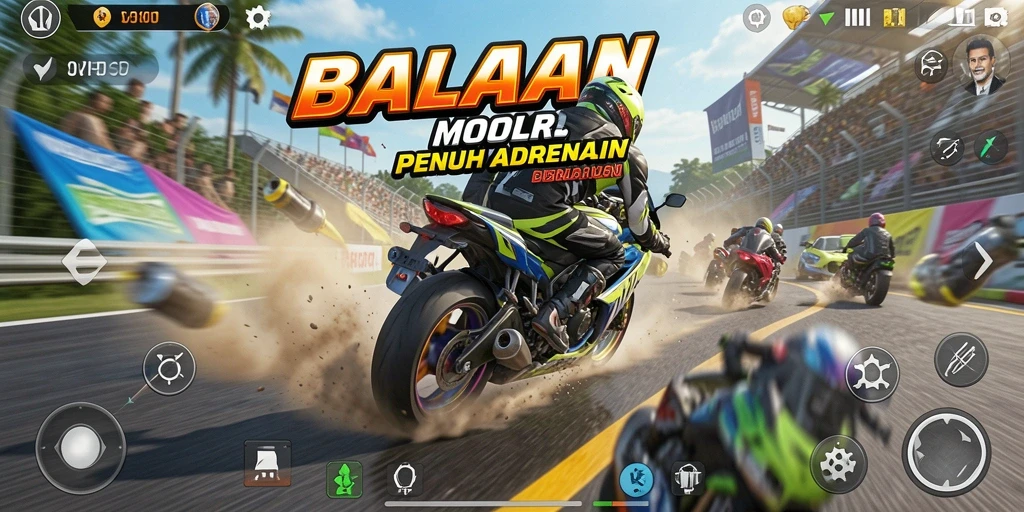 Screenshot V21 menampilkan aksi balapan motor yang mendebarkan.
